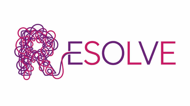 Resolve word typography with a tangled scribble letter R in purple and pink gradient colors on a white background as a vector illustration