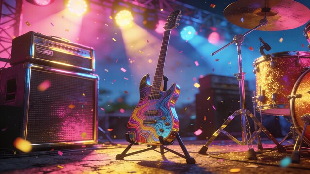 Electric guitar on stage with drum set and amplifier. Musical instrument at summer festival with falling confetti. Concert performance background for live music and entertainment lifestyle.