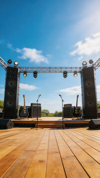 Empty concert stage with electric guitar and microphone under blue sky. Summer festival equipment on wooden platform. Professional musical performance setup for outdoor live music.