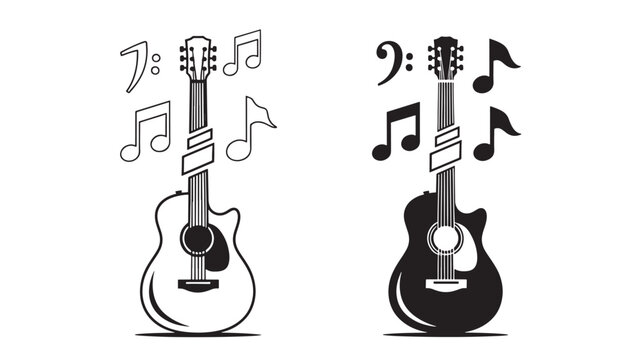 Guitar Illustration with Musical Notes and Two Guitar Icons for Music-Themed Design, Rhythm, Sound, and Entertainment Purposes