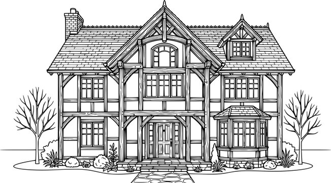 Timber Frame House Vector Black and White Outline
