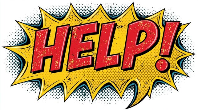 Bold red help text bursts from a jagged yellow comic speech bubble with a distressed halftone texture isolated on transparent background for dynamic emergency alert overlays.