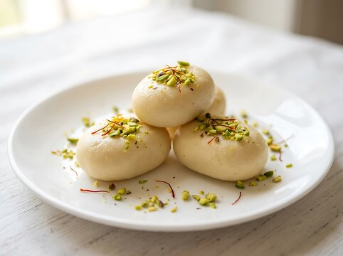 Delicious white Indian sweet dessert sandesh garnished with pistachios and saffron threads