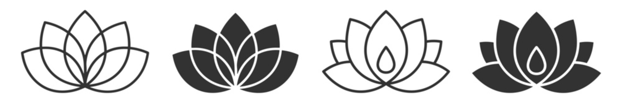 set of lotus flower icons in outlined and solid style vector illustration on transparent background