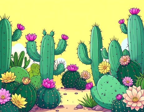 Cartoon-style illustration of varied cacti with colorful blossoms, against a bright yellow sky and subtle desert landscape