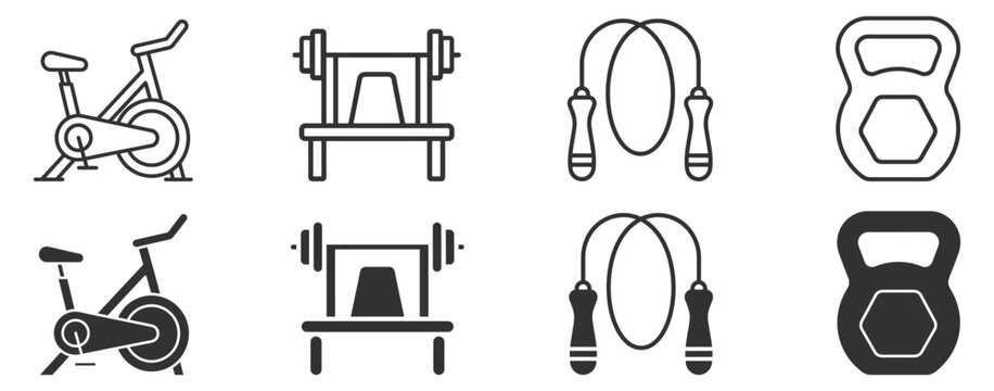 set of gym equipment icons with exercise bike barbell jump rope and kettlebell on transparent background