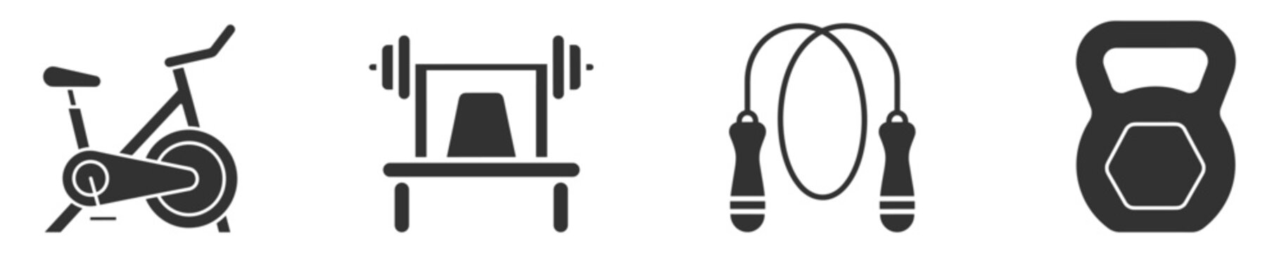 fitness equipment icons set including exercise bike, barbell bench press, jump rope, and kettlebell on transparent background