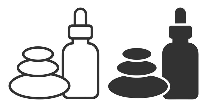 essential oil bottle with dropper and stacked massage stones spa wellness icon set on transparent background