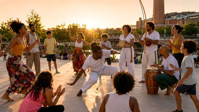 Capoeira Group Performing Outdoors at Sunset