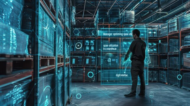 Warehouse manager analyzing digital inventory data in high-tech logistics center
