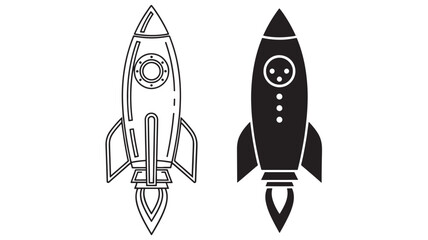 Rocket Icons with Simple and Filled Designs, One Outlined and One Solid Black with Facial Features Featuring Space, Icon, White with Design And © TAIFUR