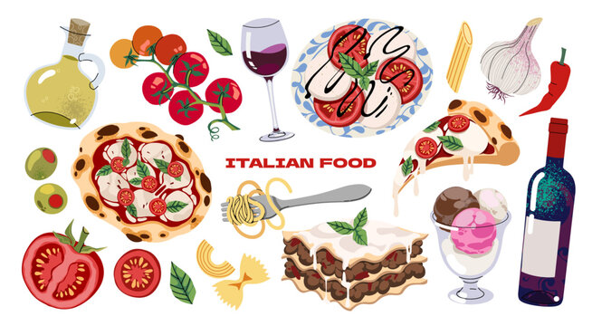 Italian cuisine collection, ingredients and classic dishes. Cartoon doodle sticker set: pizza, lasagna, caprese salad, pasta, mozzarella, tomatoes, olive oil, cheese. Retro groovy vector food illustra