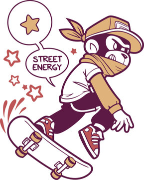 Street energy monkey character skateboarding with bandana and cap on grey background.