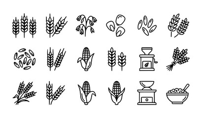 Agriculture and cereal grains vector icon set. Black line icons of wheat, corn, rice, barley, flour sack, grain mill, and porridge bowl. Isolated on white background. © Keyapayal