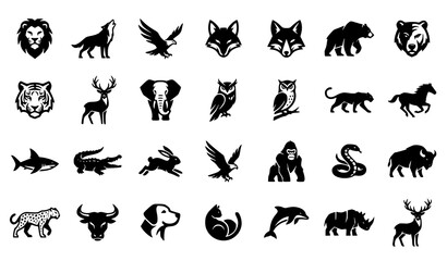 Wild animals silhouette mega collection vector illustration. Black silhouettes of lion, wolf, elephant, tiger, eagle, bear, shark, snake, dolphin, and rhino icons set. © Keyapayal