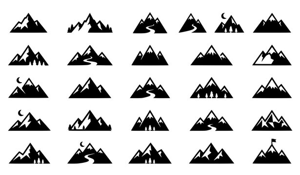 Mountain Peak Black Silhouette Nature Vector Icon Collection Set
