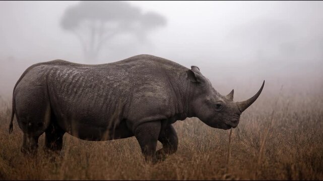A majestic black rhinoceros stands stoic in the tall dry grass as its heavy hide is revealed through the thick mist, capturing a rare moment of peace for this endangered species in Africa.
