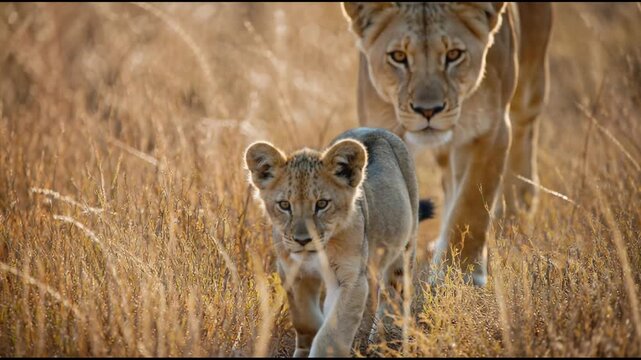 A majestic lioness and her young cub walk cautiously through tall sun drenched savanna grass, documenting their silent journey and the protective instincts of wild predators in the african plains.