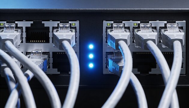 A close-up view of a network switch with multiple ethernet cables connected to active ports.