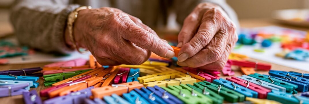 Closeup of a senior woman gently pinching colorful clothespins enhancing dexterity with shallow depth of field in a warmly lit room adorned with creative crafts.