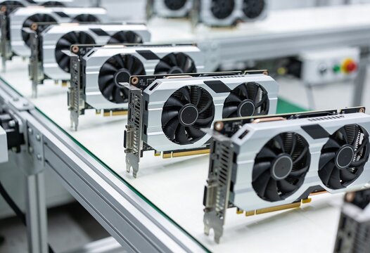 A perspective view of a production line displaying multiple graphics cards moving on a conveyor belt.