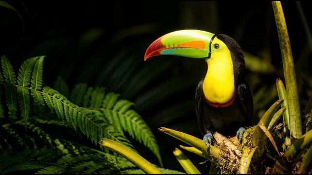 A vibrant keelbilled toucan perches on a mossy branch in the rainforest with its chest feathers gently swaying, showcasing the stunning colors and majestic profile of this exotic bird species.