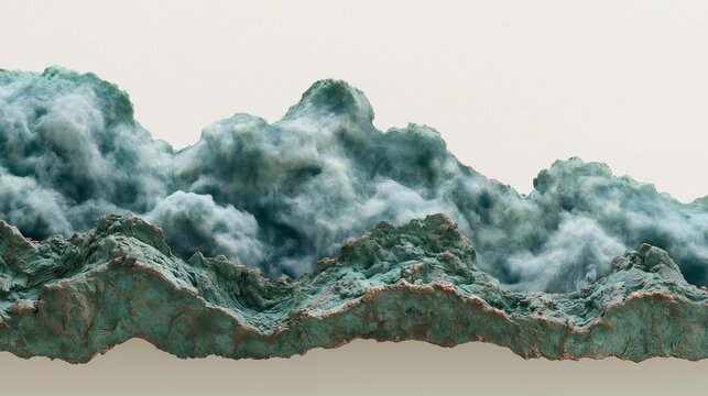 Medium shot of layered organic bronze texture with soft patina clouds in green and blue hues isolated on offwhite background showcasing modern graphic simplicity.