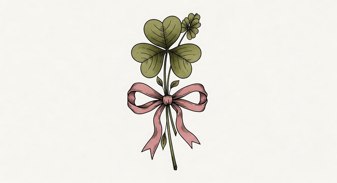 Three-leaf clover with pink ribbon decoration isolated on a transparent background, decorative clover