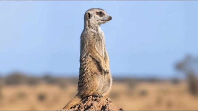 A vigilant meerkat stands perfectly still atop a sun baked earthen mound in the African savanna, scanning the horizon for predators while guarding its colony under a clear blue sky.