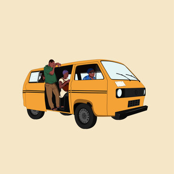 Nigerian danfo minibus with conductor and passengers, Lagos public transport flat vector illustration