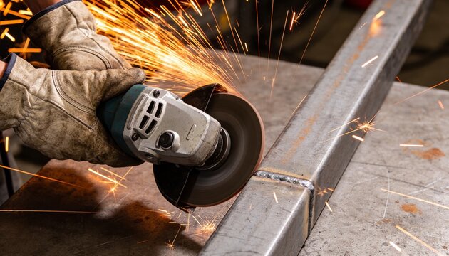 A worker uses an angle grinder to smooth a metal weld joint, producing a shower of glowing sparks.