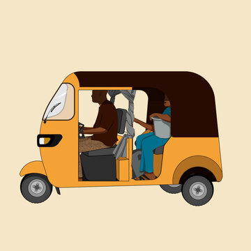Nigerian keke napep tricycle taxi with driver and passenger, Lagos street transport vector illustration