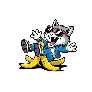 Cool wolf cartoon character slipping on a banana peel, wearing sunglasses and blue suit vector illustration