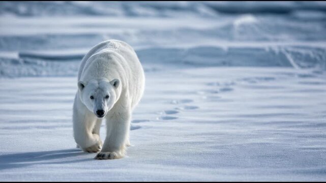 A majestic polar bear walks steadily across the vast pristine arctic snow leaving a trail of deep footprints, showcasing the strength and beauty of wildlife in its natural frozen habitat.