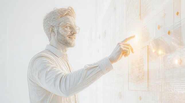 High key cinematic line art portrait of a young professional interacting with a digital interface, representing a gigapixel cgi visual concept, wide screen composition for modern design projects.