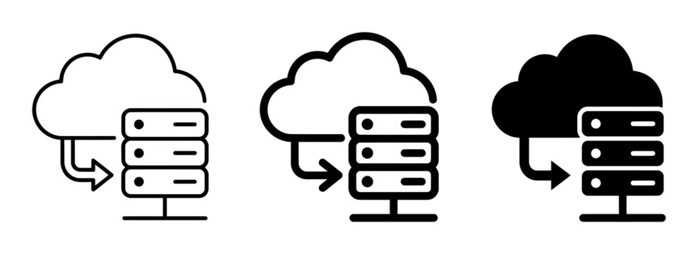 Cloud computing icons, server and cloud symbols, data storage illustrations, black and white vector graphics