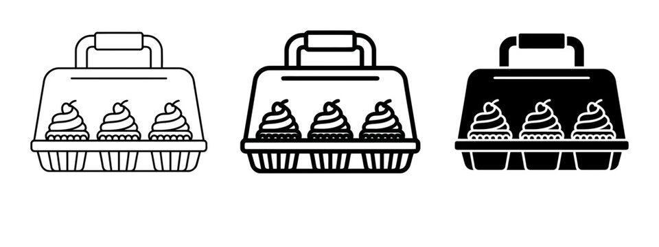 cupcake carrier icons, bakery box set, dessert transport, food packaging