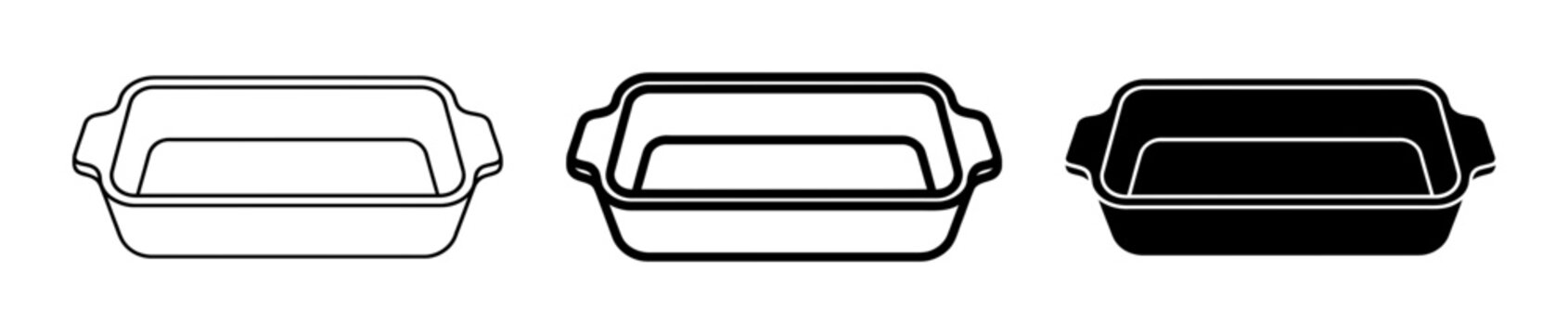 Baking dish icons, ceramic dish set, kitchen utensil illustrations, black and white