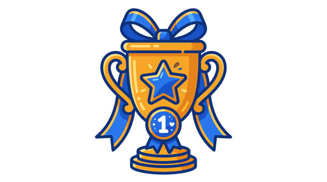 Gold winner trophy cup with blue ribbon, flat vector icon for achievement, success, victory and competition