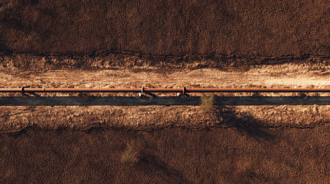 Aerial view of a long pipeline running through dry, barren land with sparse vegetation and shadows cast by the pipe on the ground
