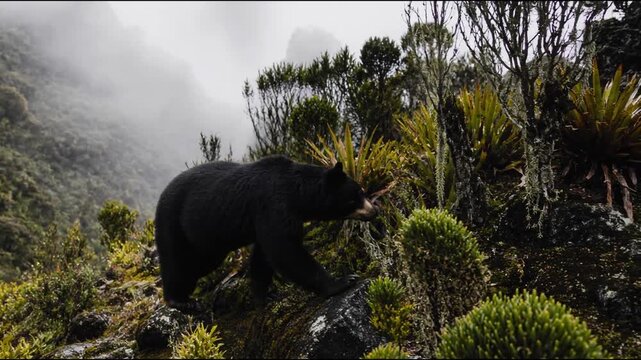 Majestic spectacled bear walks slowly across a misty moss covered Andean mountainside in its natural habitat, featuring lush vegetation and dramatic mountain scenery in the high Andes.