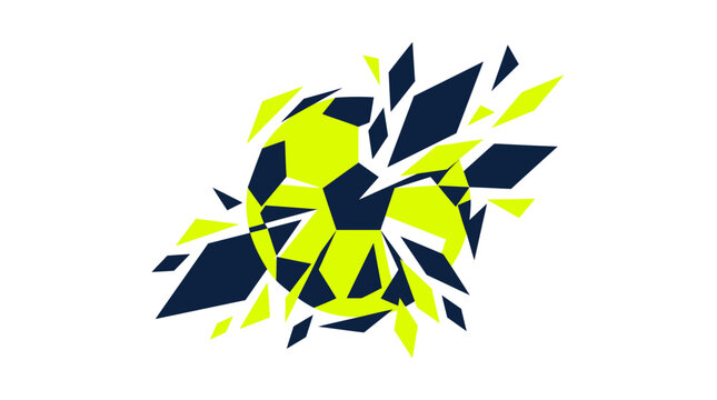 Abstract geometric soccer ball exploding into sharp shards in high contrast neon yellow and dark blue vector graphic
