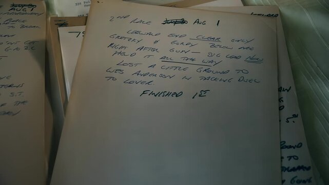 Close-up of handwritten notes detailing a sailing race with boat names and positions
