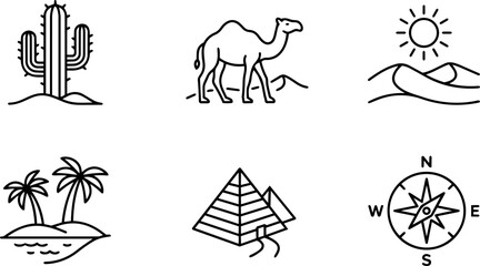 Fototapeta premium Desert Environment and Exploration Line Icons Collection. Vector