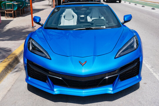 Miami, Florida, USA - July 27, 2025: Blue metallic Chevy C8, front view. Chevrolet Corvette C8 2020 convertible sports car. Luxury sport car Chevrolet Corvette. Car Chevrolet Corvette parked outdoor.