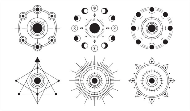Minimal geometric ornament collection featuring cosmic diagrams and mystical circular vector designs