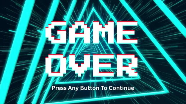 Retro Gaming Over" screen with pixelated text displayed against a dynamic neon geometric tunnel background, signaling the end of a virtual challenge and prompting user continuation in a digital realm