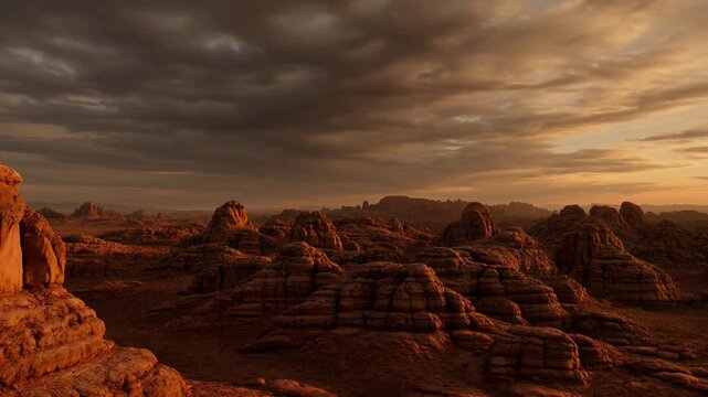Dramatic desert canyon landscape during golden hour with towering eroded sandstone formations and stormy sky at sunrise or sunset, wilderness nature footage