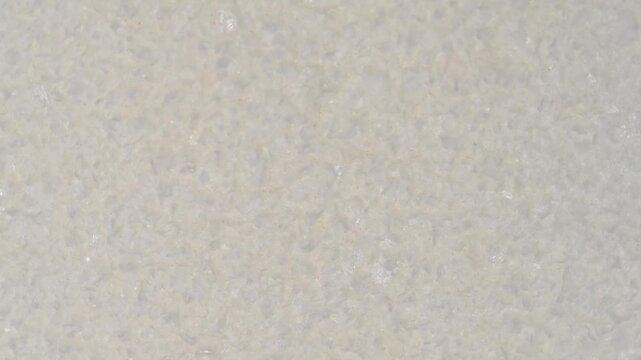 Top view macro shot of fine white sea salt crystals rotating slowly. High quality natural mineral seasoning texture background