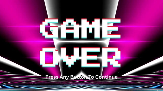 Retro Game Over Screen with Pixelated Text and Neon Lights - A Nostalgic Gaming Experience